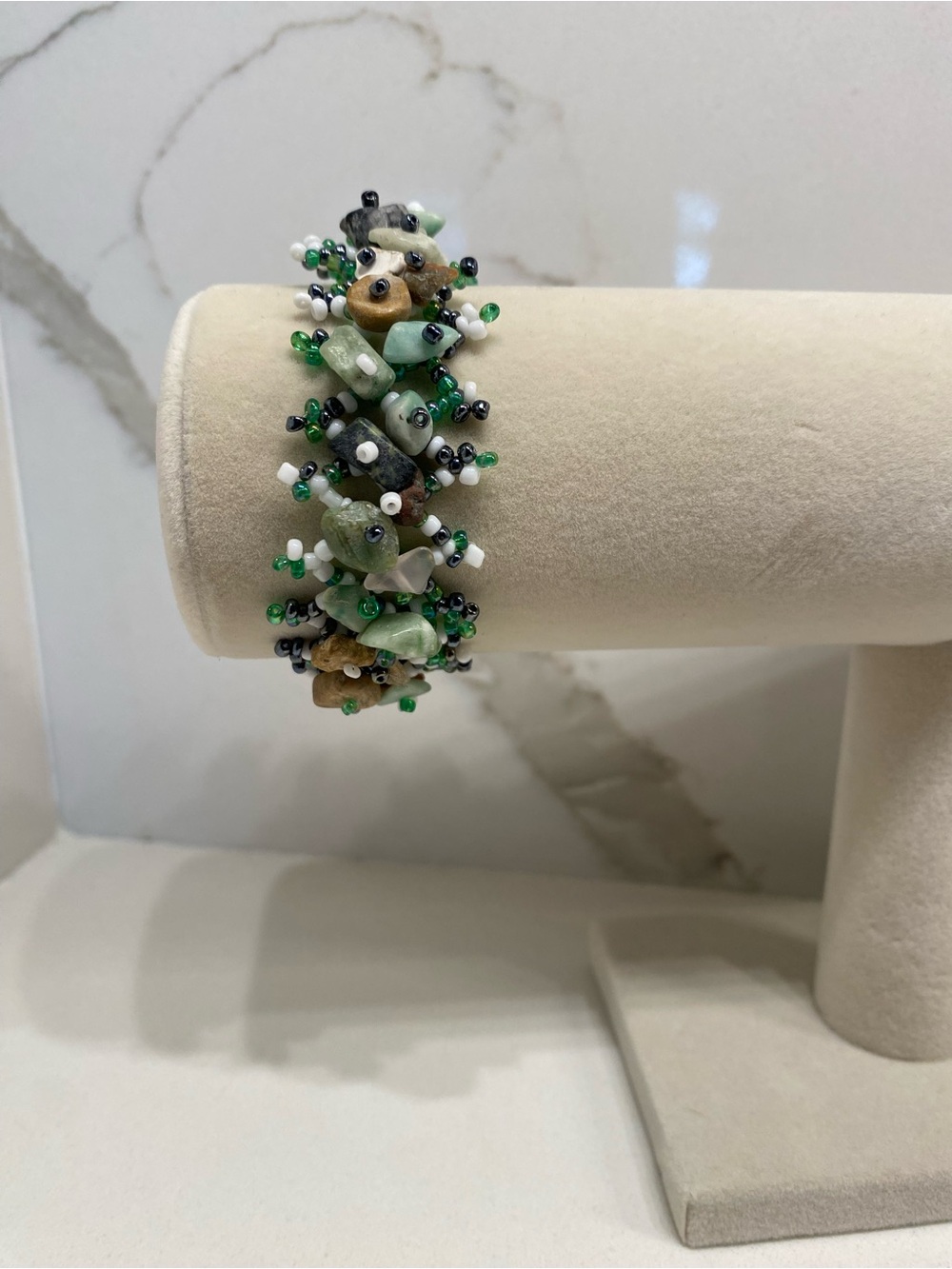 Handcrafted Tumbled Stone And Seed Bead Cluster Bracelet